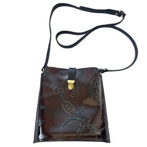 Vintage Tooled Leather Equestrian Horse Bit Crossbody Bag Italy Made Brown Green